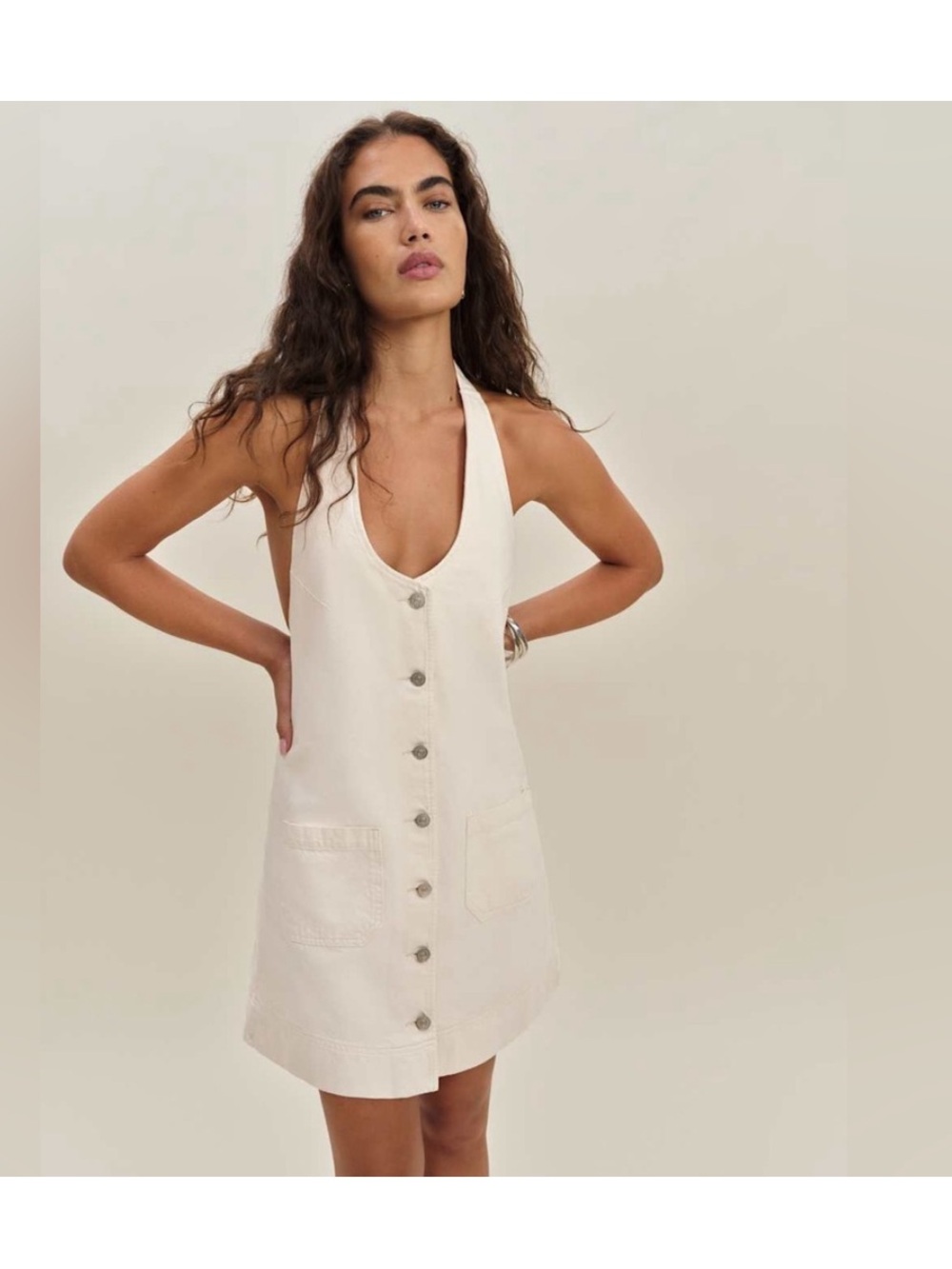 Reformation Brittany Denim Halter Mini Dress Women's Medium Ivory